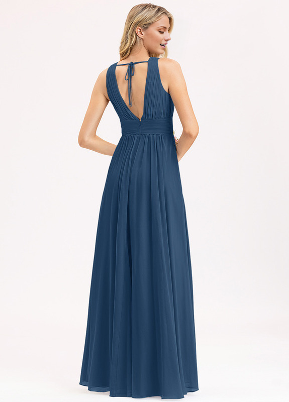 Vestido de dama de honor de gasa con escote en V, largo hasta el suelo y lazo con volantes