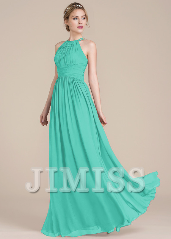 Vestido de dama de honor de gasa con escote redondo y corte A con diseño de hojas de loto