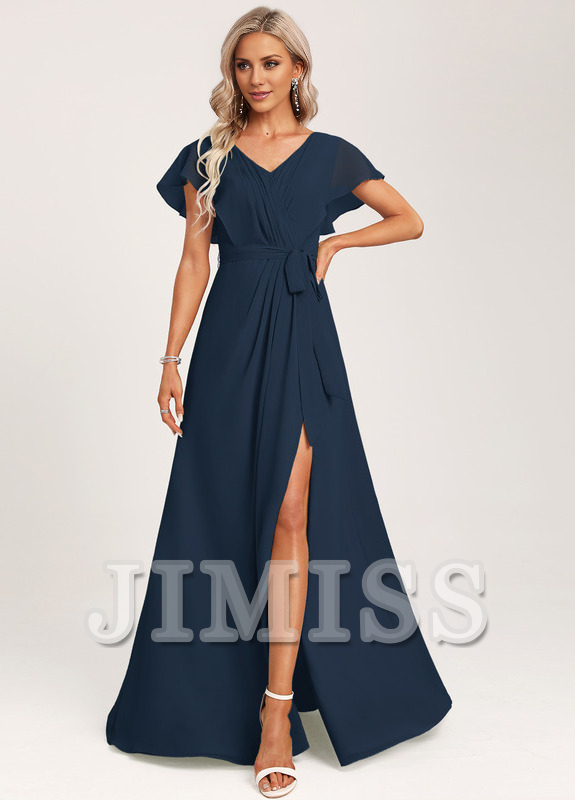 Vestido de dama de honor de gasa con volantes, escote en V y largo hasta el suelo