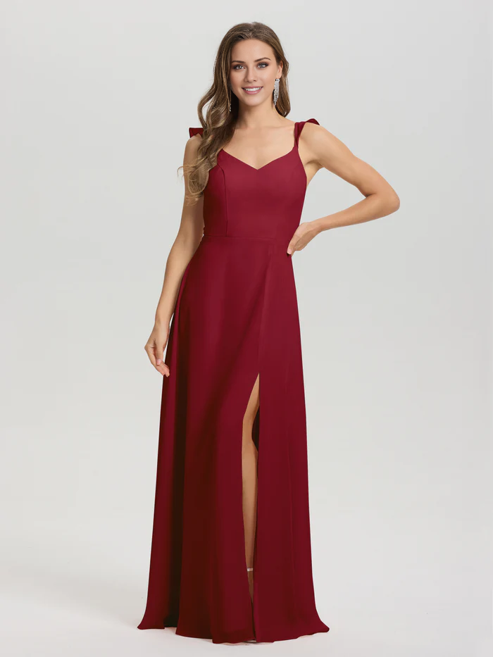 Vestido de dama de honor largo hasta el suelo con abertura en gasa con escote en V y tirantes anudados