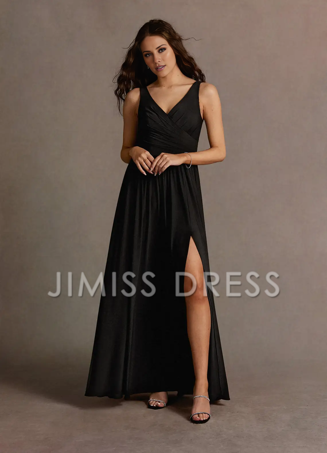 Vestido de fiesta Jimiss con escote en V, tirantes finos, abertura lateral y largo hasta el suelo 