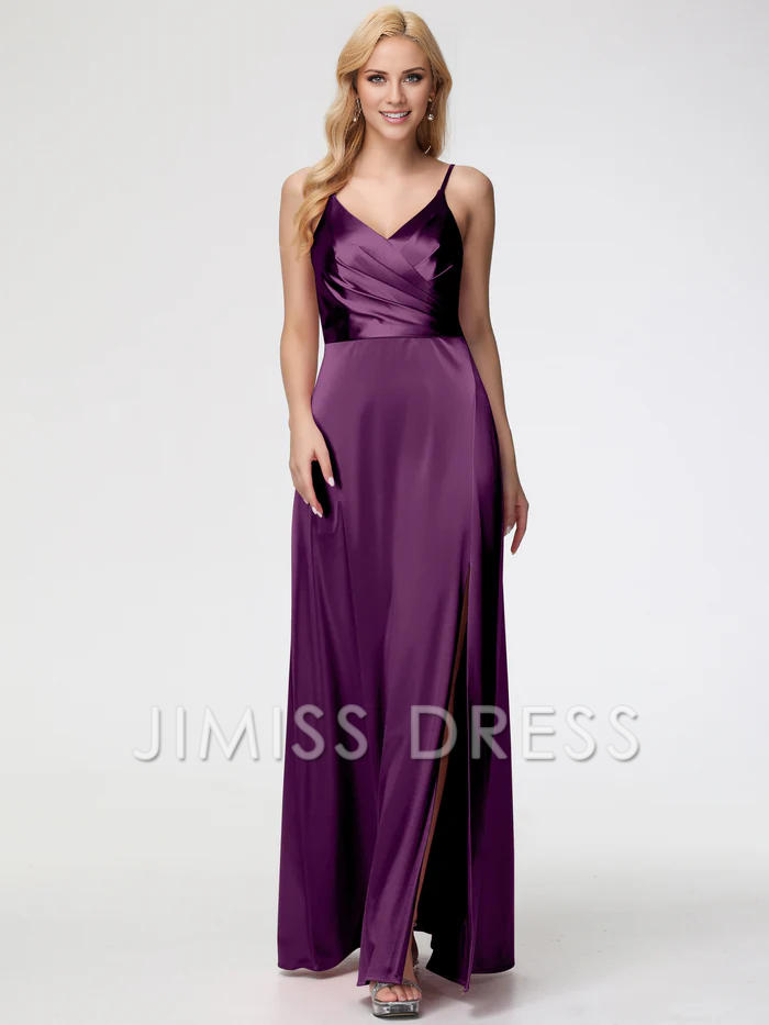 Vestido de fiesta Jimiss de satén plisado con escote en V y tirantes finos