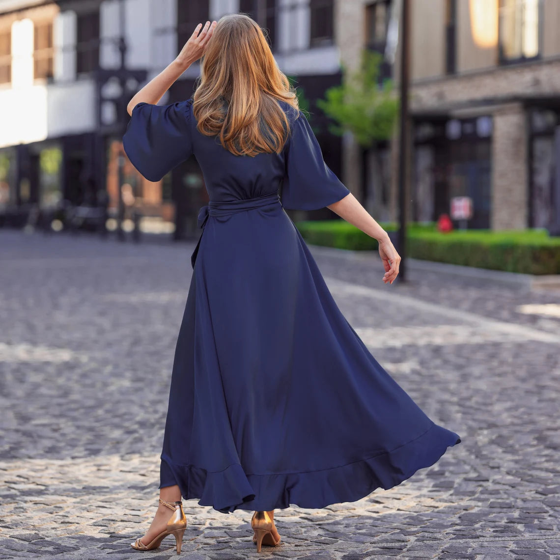 Dark Navy Chiffon A-Line Asymmetrical Dress with V-Neck, Tie Back, and Asymmetrical Ruffled Hem