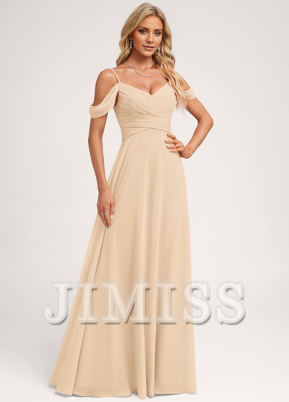 Abito da damigella d'onore in chiffon lungo fino a terra, con spalle scoperte e linea ad A