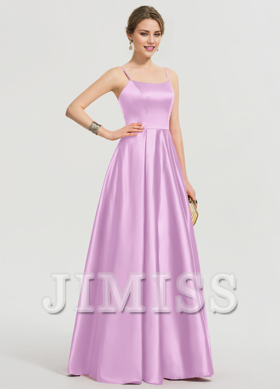 Vestido de fiesta largo hasta el suelo de satén con escote en A y corte cuadrado