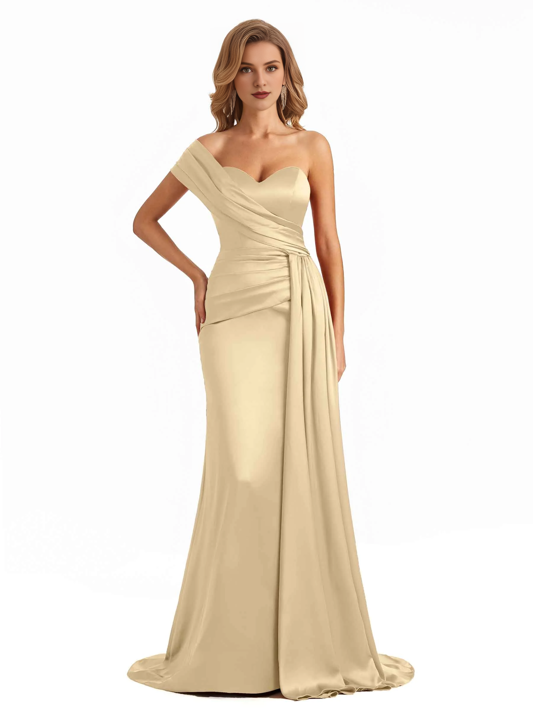 Elegant one shoulder soft satin long fish tail bridesmaid dress