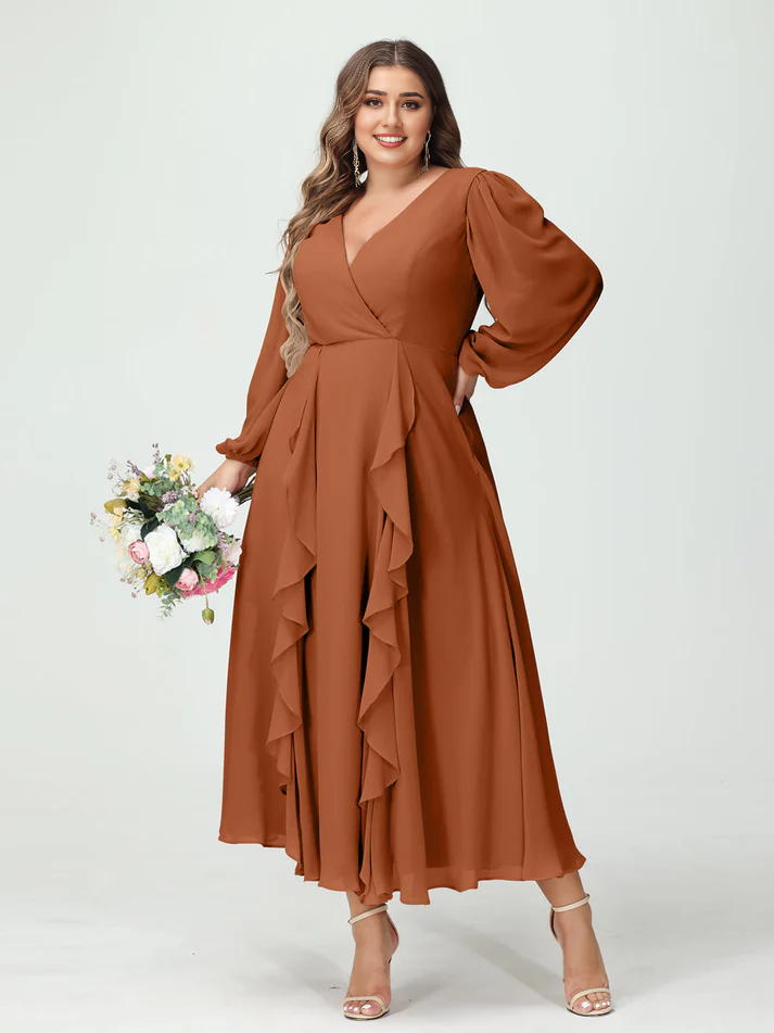 Chiffon Long-Sleeve V-Neck Ruffled Wrap Bodice High-Low A-Line Floor-Length Elegant Bridesmaid Dress