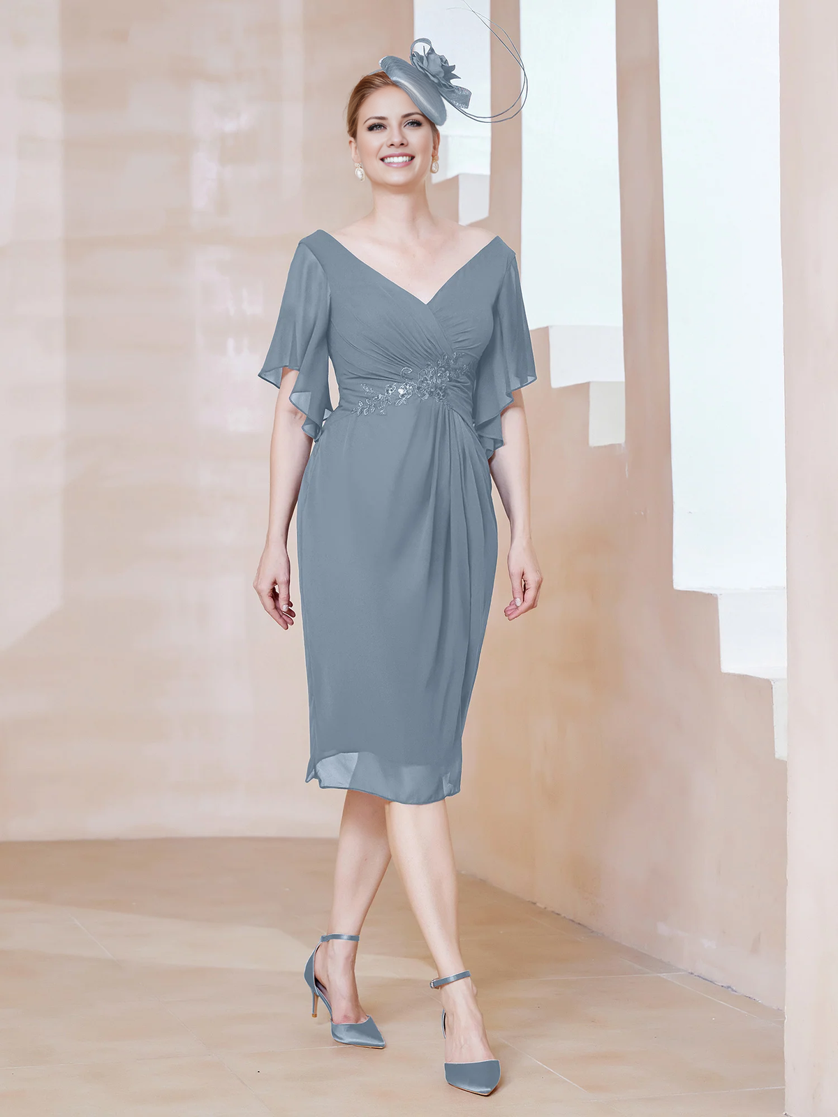 Burgundy Chiffon A-Line Knee-Length Dress with V-Neck and Flutter Sleeves