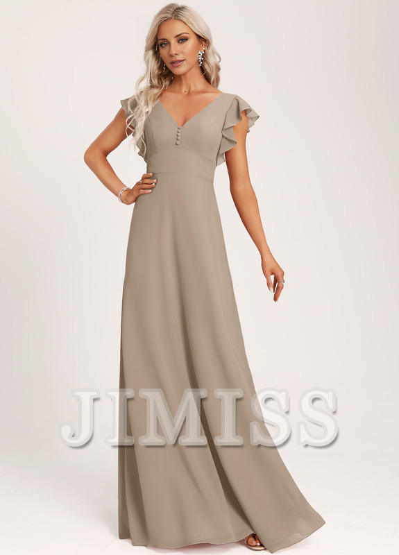 Vestido de dama de honor de gasa con volantes, escote en V y largo hasta el suelo