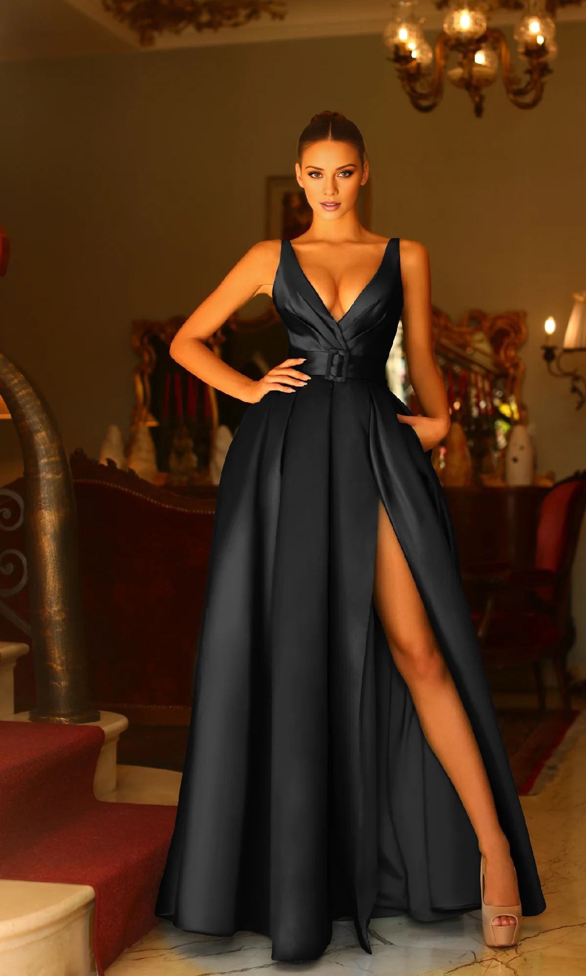 Emerald Satin A-Line Floor-Length Evening Dress