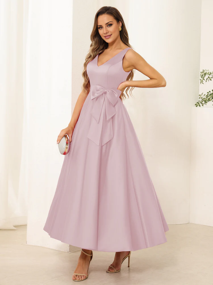 Dark Navy Satin A-Line Tea-Length Bridesmaid Dress with V-Neck and Waist Bow
