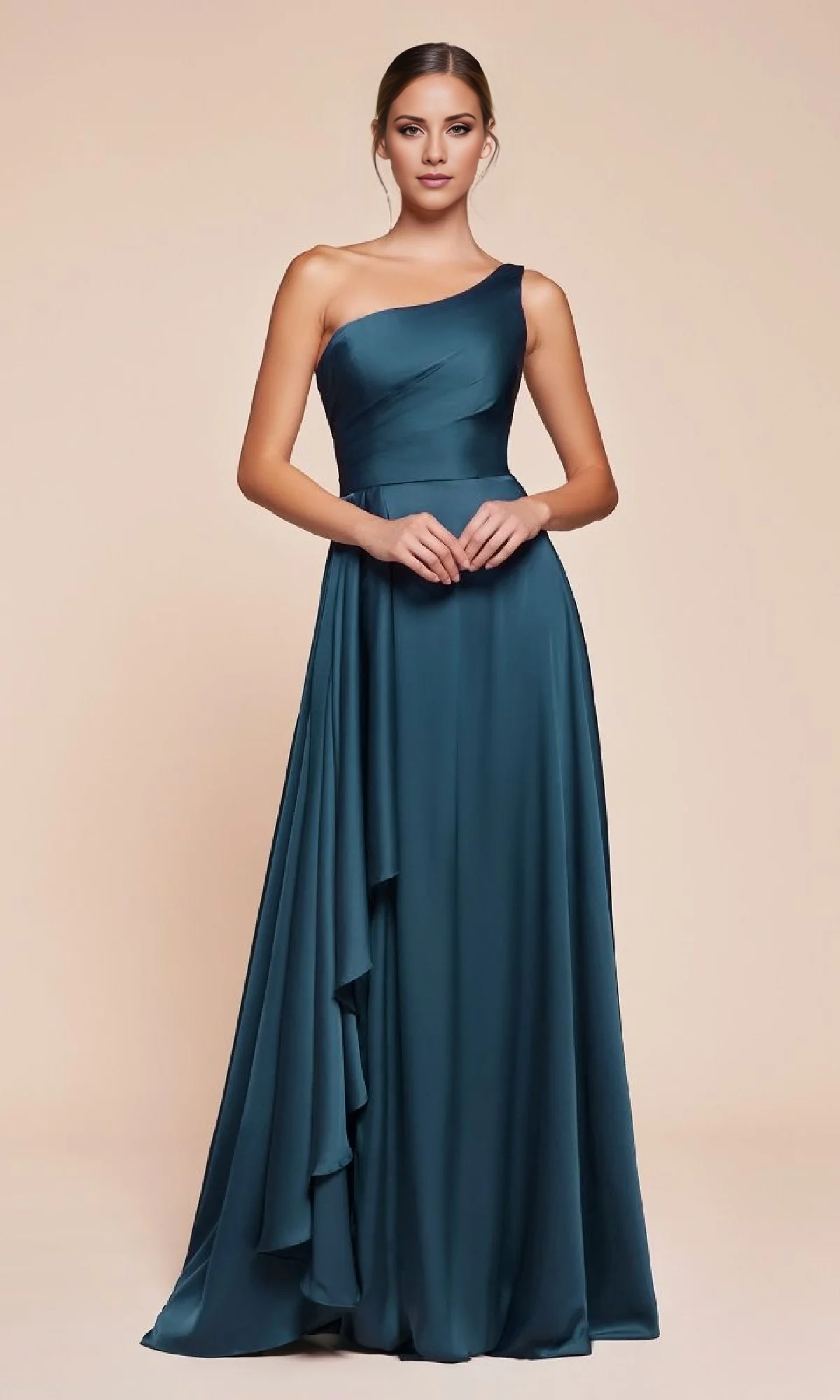 Slate Blue Satin One Shoulder A-Line High-Low Dress