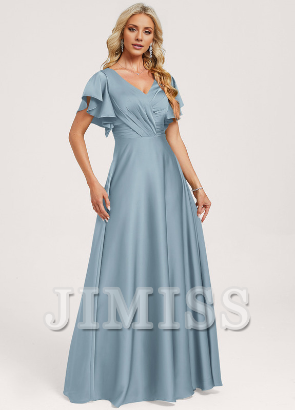 Vestido de dama de honor de satén con volantes, escote en V y largo hasta el suelo