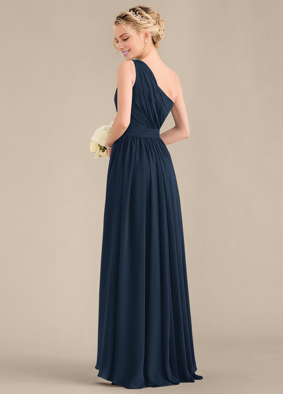 Vestido de dama de honor asimétrico de gasa con volantes escalonados, corte A y un hombro