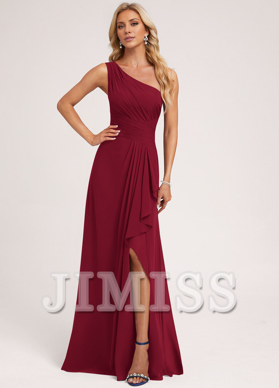 Vestido de dama de honor de gasa con volantes, corte A, un hombro al aire y largo hasta el suelo