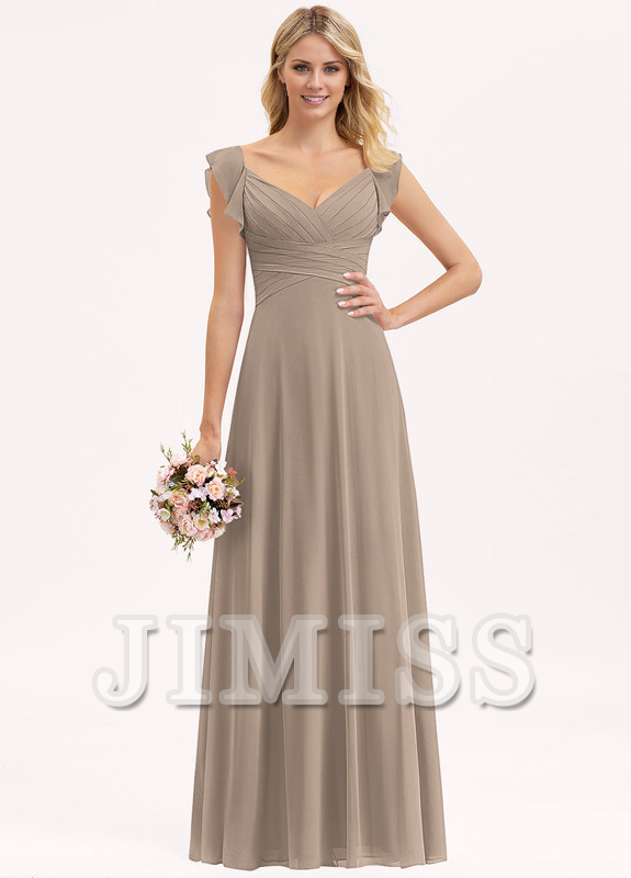 Vestido de dama de honor de gasa con escote en V estilo imperio, volantes en capas y bajo