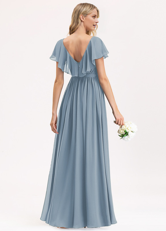 Abito da damigella d'onore in chiffon con scollo a V, lunghezza al pavimento, balze a balze e fiocco