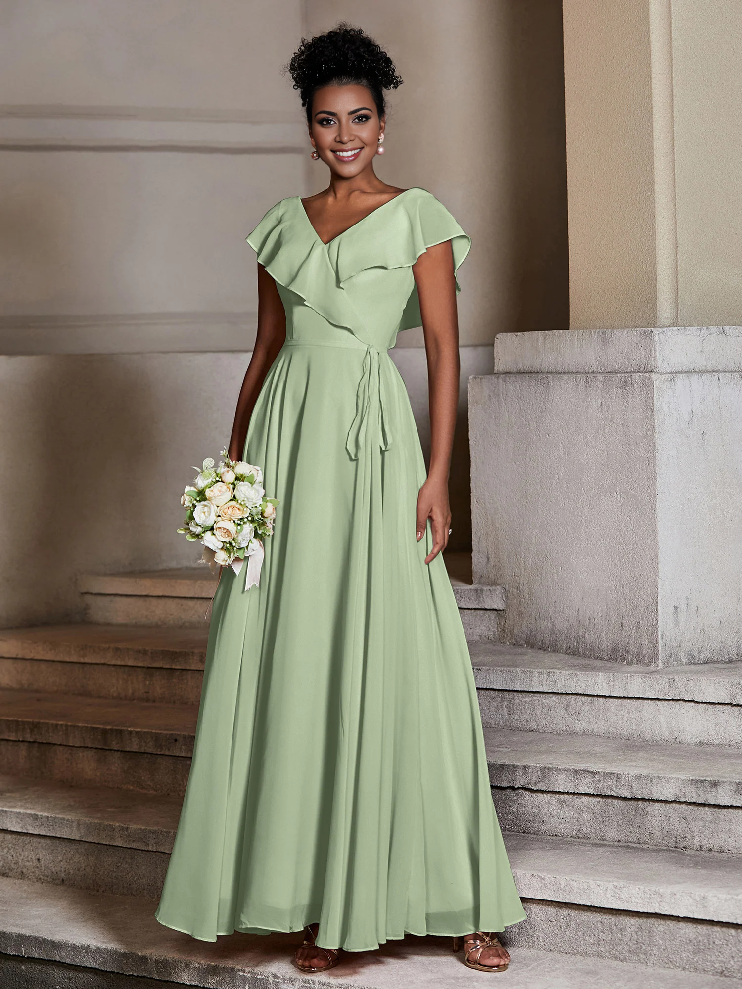 Vestido de gasa con capucha y cuello en V