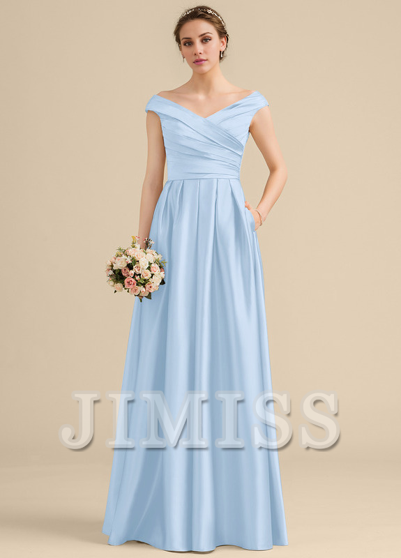 Vestido de dama de honor de satén con volantes, corte A, hombros descubiertos y largo hasta el suelo