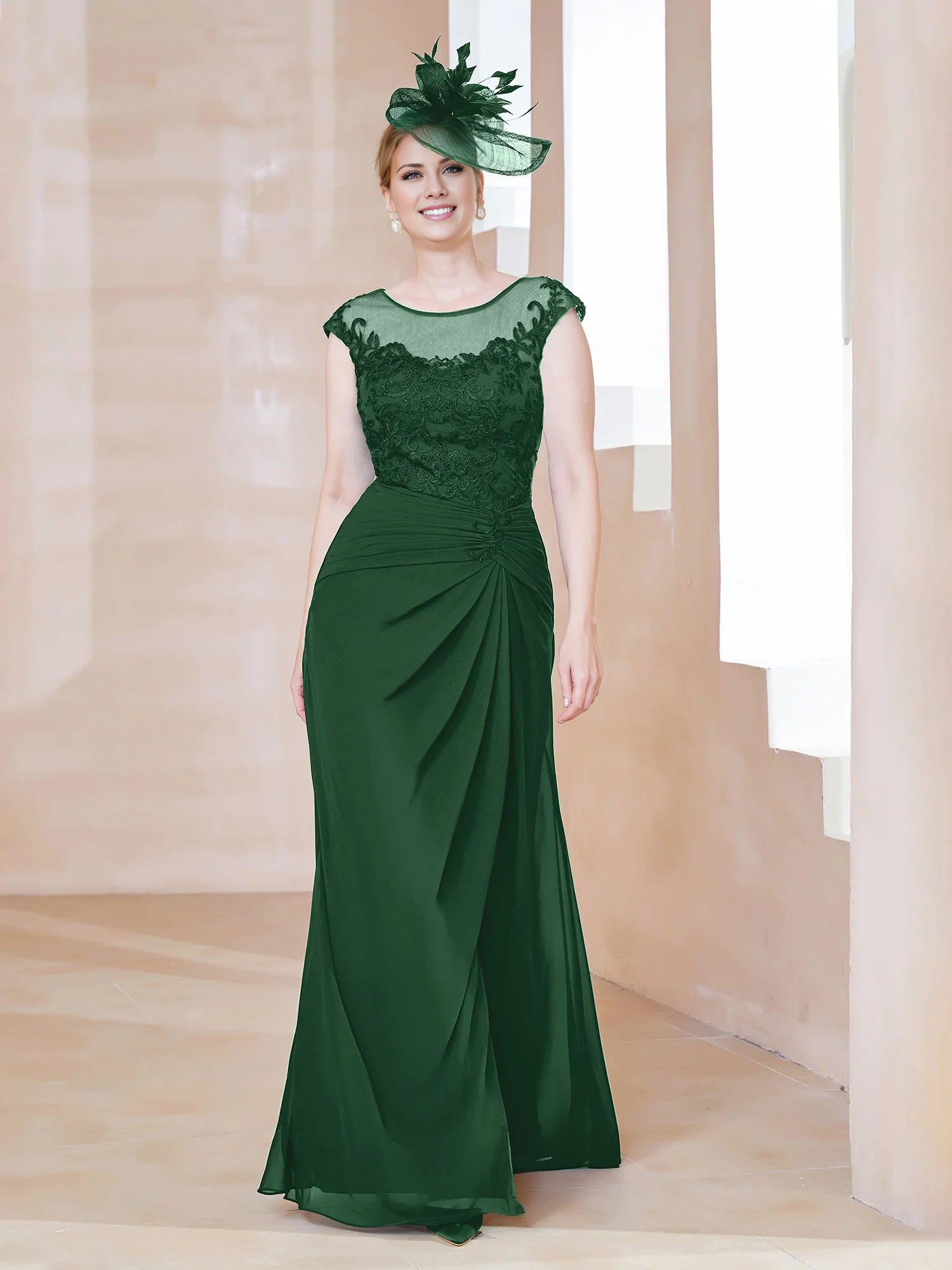 Dark Navy Chiffon A-Line Floor-Length Evening Dress with Illusion Neck and Draped Front