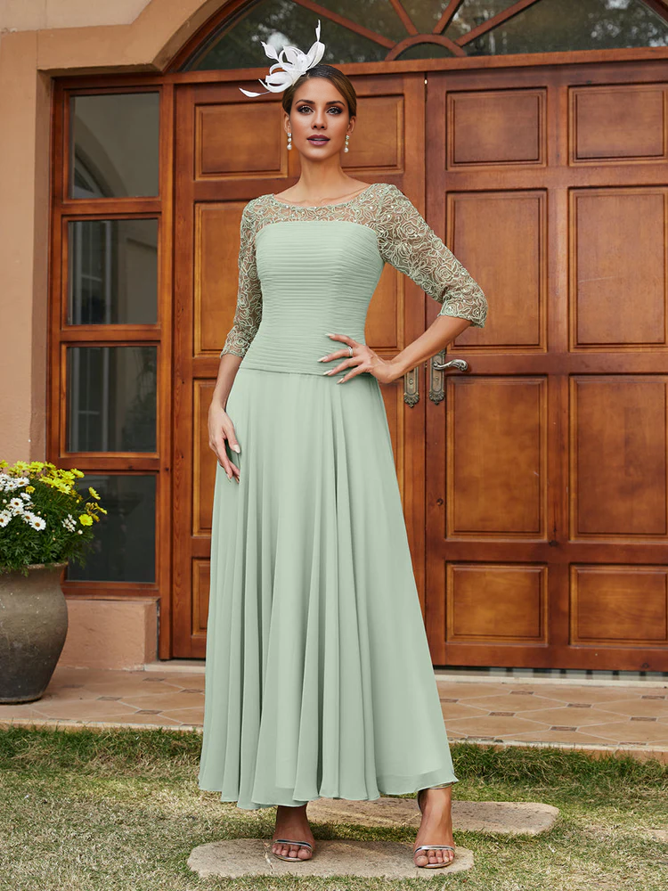 Silver Chiffon A-Line Tea-Length Dress with Boat Neck and Pleated Bodice and Lace Sleeves