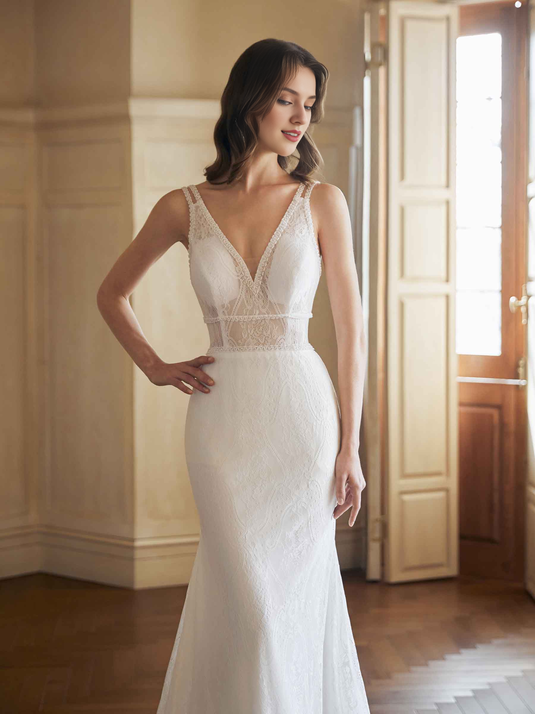 Sexy abito da sposa in pizzo lunghissimo con scollo a V e schiena scoperta a coda di pesce