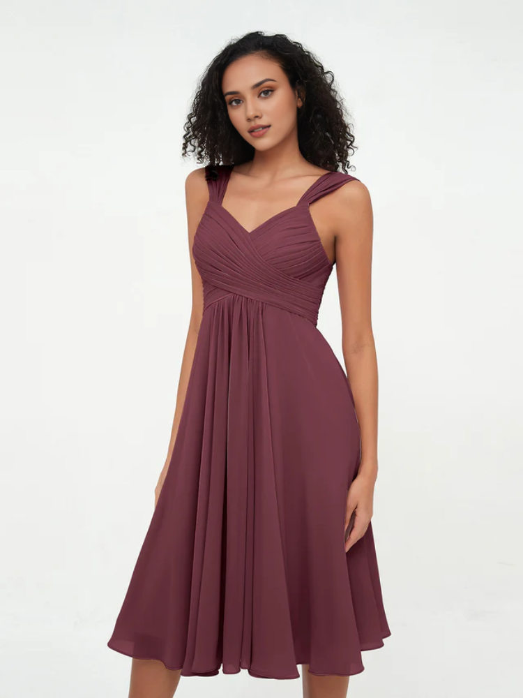 Sage Green Pleated Chiffon A-Line Knee-Length Dress