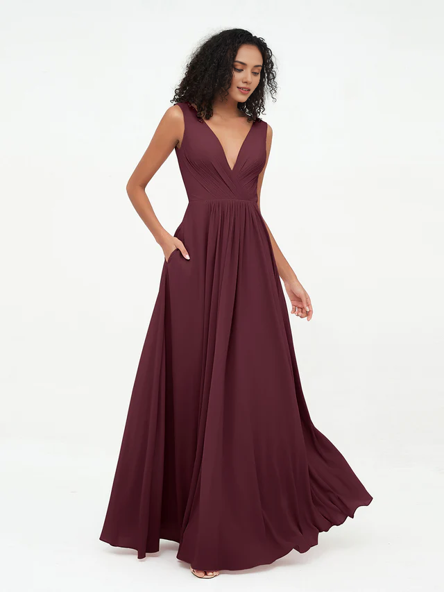 Olive Green Chiffon A-Line V-Neck Floor-Length Bridesmaid Dress with Pockets