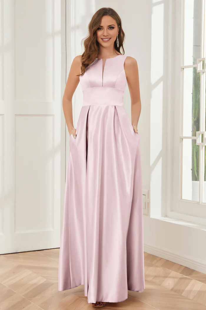 Abito da damigella d'onore a trapezio, senza maniche, in raso, lungo fino al pavimento