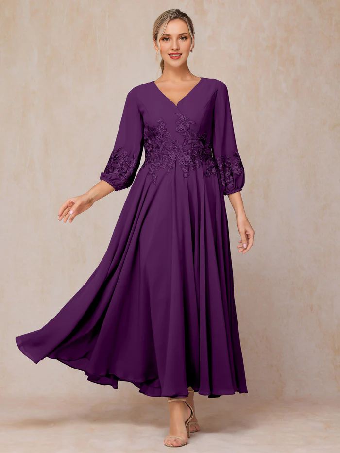 Burgundy Chiffon A-Line V-Neck Tea-Length Dress with Embroidered Bodice and Bishop Sleeves