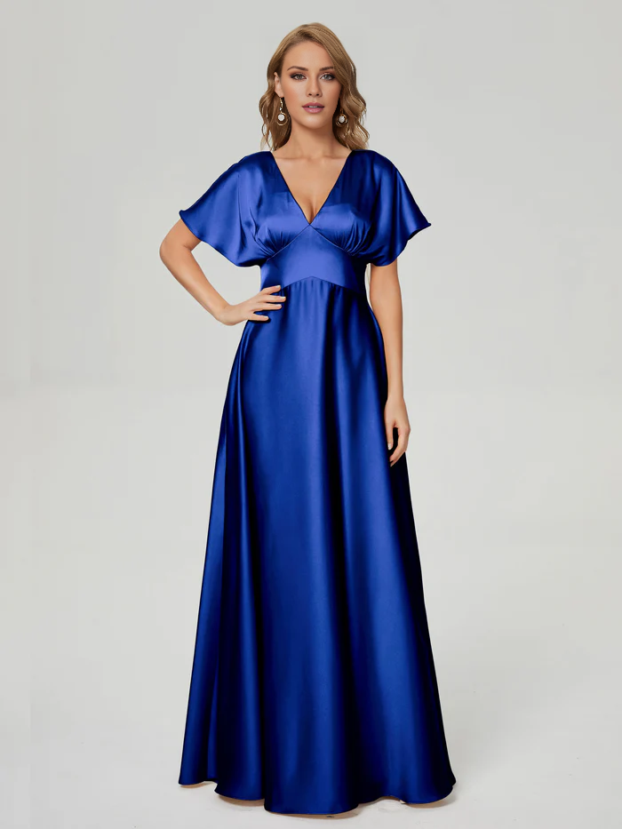 Vestido de fiesta Jimiss con escote en V, manga corta y largo hasta el suelo