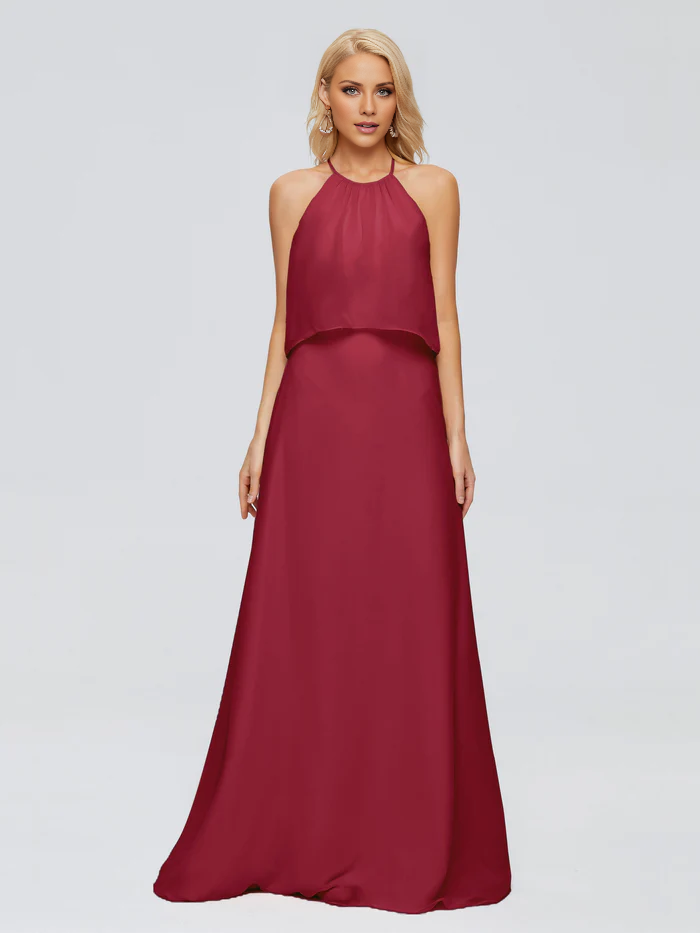 Vestido de dama de honor largo hasta el suelo en gasa con escote halter