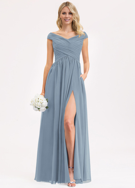 Vestido de dama de honor de gasa con volantes, corte A y largo hasta el suelo