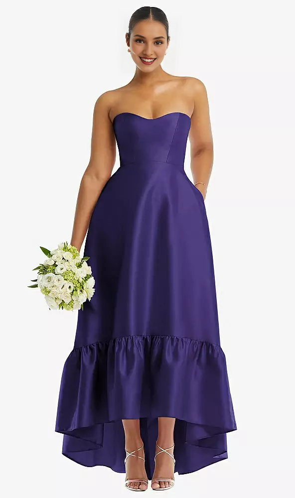 Pocket strapless deep ruffle hem satin high low prom dress