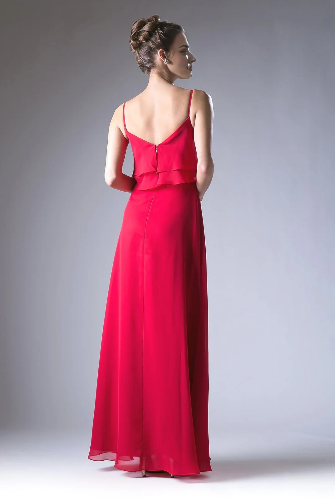 Red Chiffon A-Line V-Neck Floor-Length Bridesmaid Dress with Tiered Ruffles