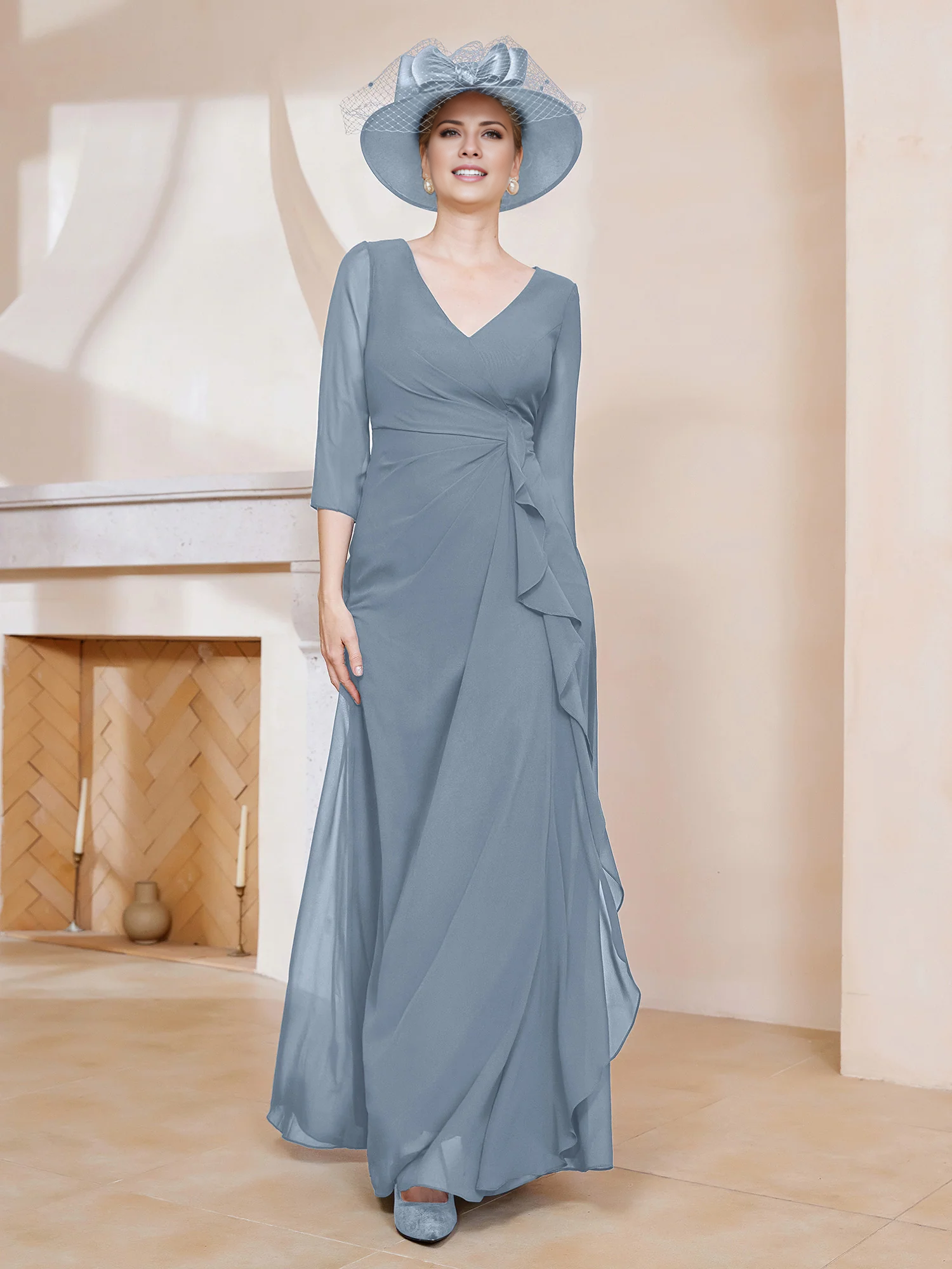 Navy Blue Chiffon A-Line V-Neck Floor-Length Evening Dress