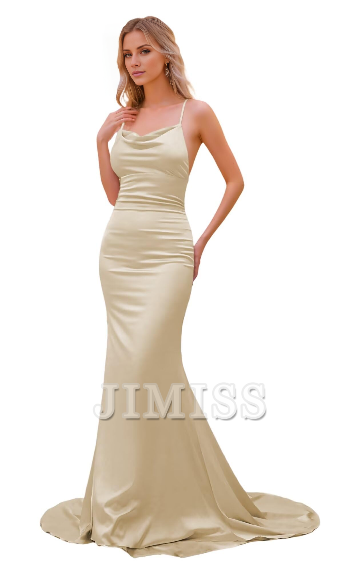 Satin high neck bridesmaid dress long women's slim shoulder strap fishtail dress formal dress