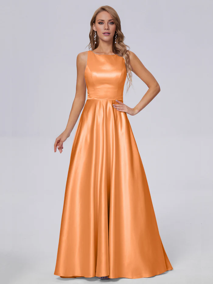 Sleeveless satin long and floor length bridesmaid dress