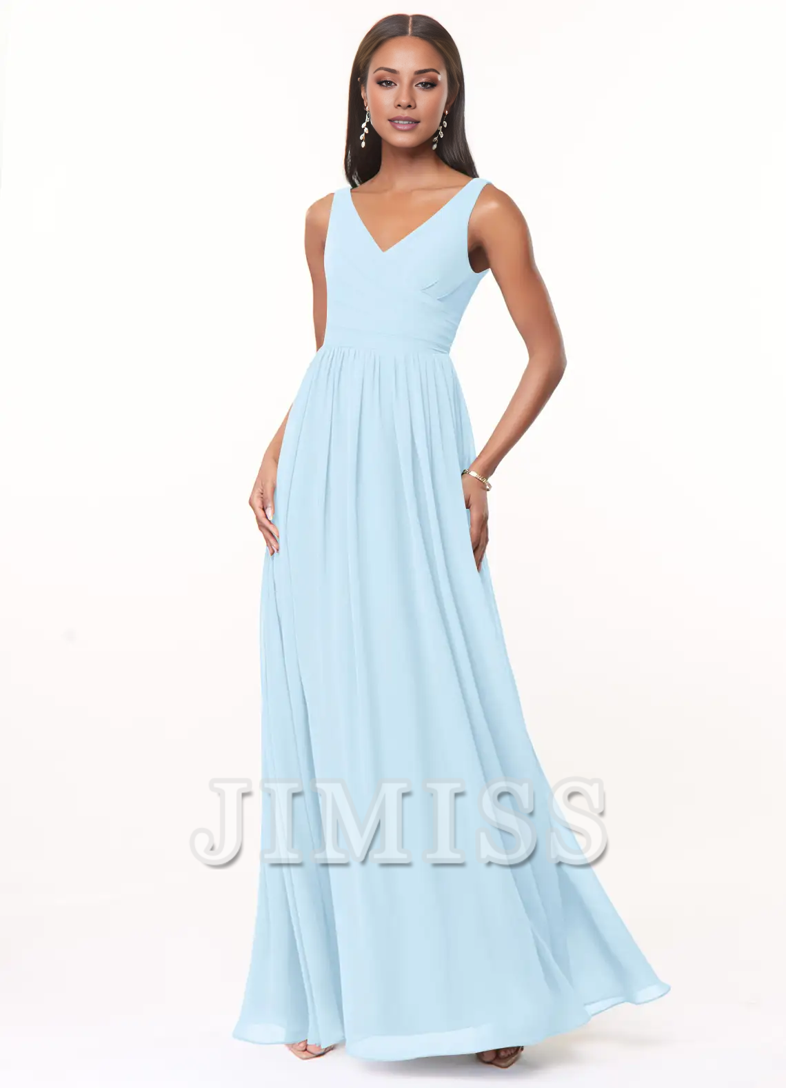 Vestido de dama de honor de gasa plisada con escote en V y corte A hasta el suelo - Vestido Jimiss 