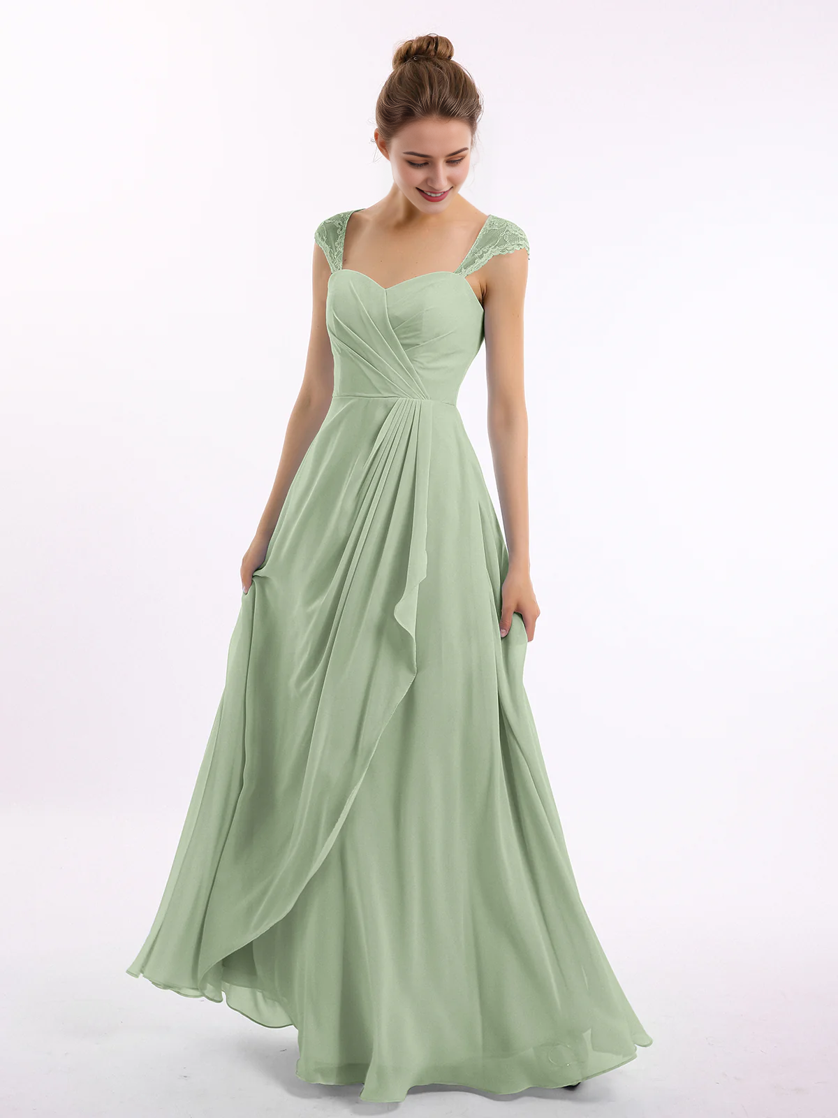 Abito da damigella d'onore in chiffon con maniche in pizzo
