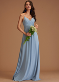 Dusty Blue Chiffon A-Line V-Neck Floor-Length Bridesmaid Dress