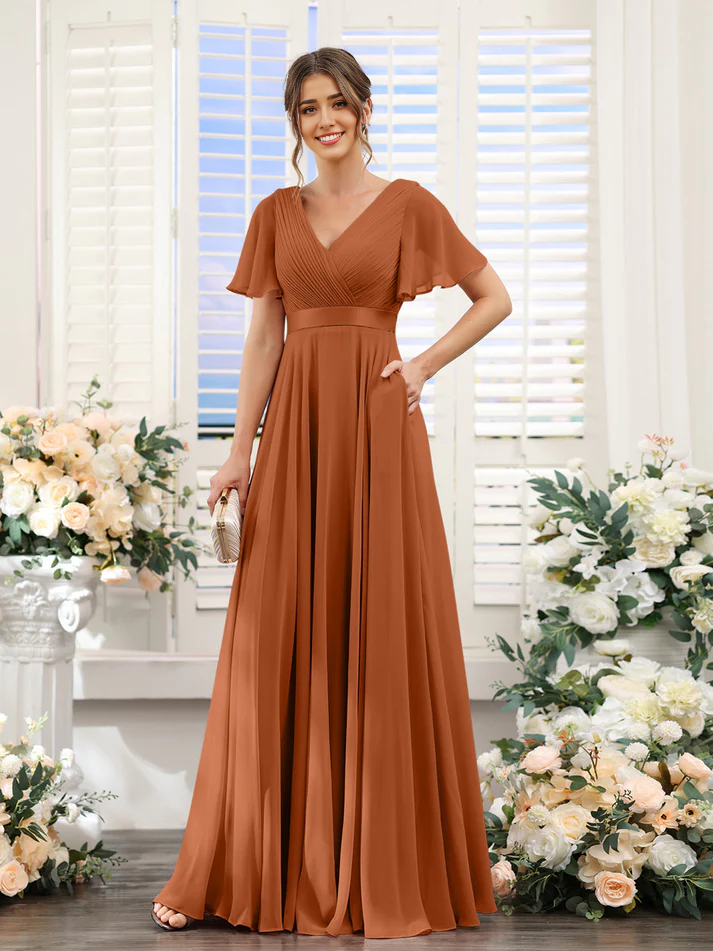 Chiffon Flutter-Sleeve V-Neck Beaded Waist A-Line Floor-Length Blush Pink Bridesmaid Dresses