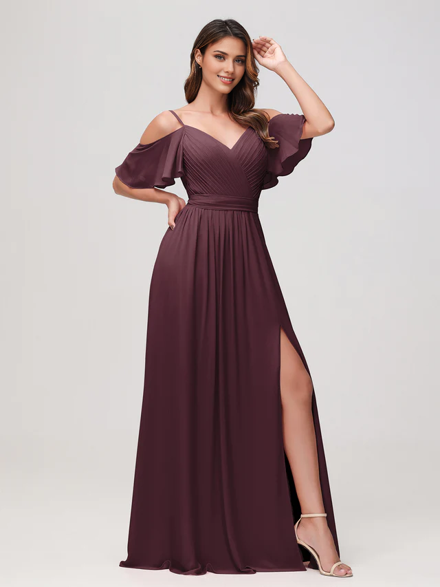 Chiffon Off-Shoulder V-Neck Ruched Bodice High-Slit A-Line Floor-Length Bridesmaid Dresses