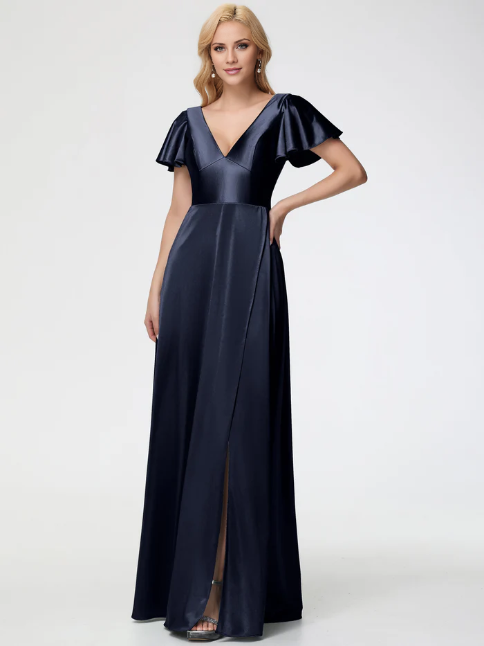 Vestido de fiesta de satén con escote en V profundo y mangas cortas de Jimiss