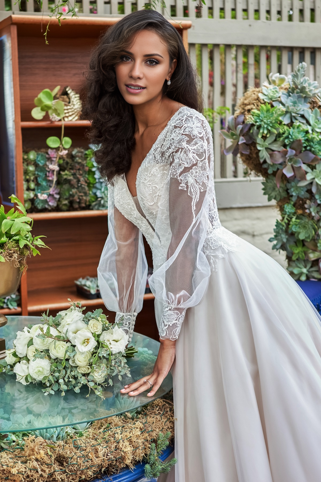 Ivory Lace A-Line Floor-Length Evening Dress with Illusion V-Neck & Puff Sleeves