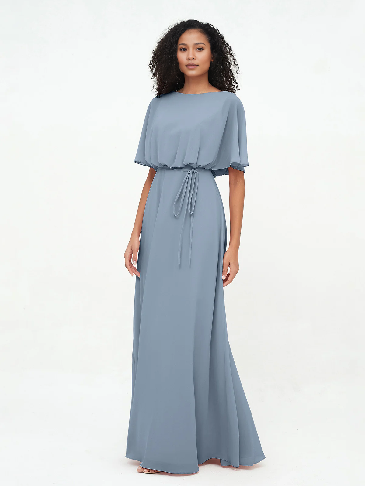 Butter Chiffon A-Line Floor-Length Bridesmaid Dress with Boat Neck & Self-Tie Waist