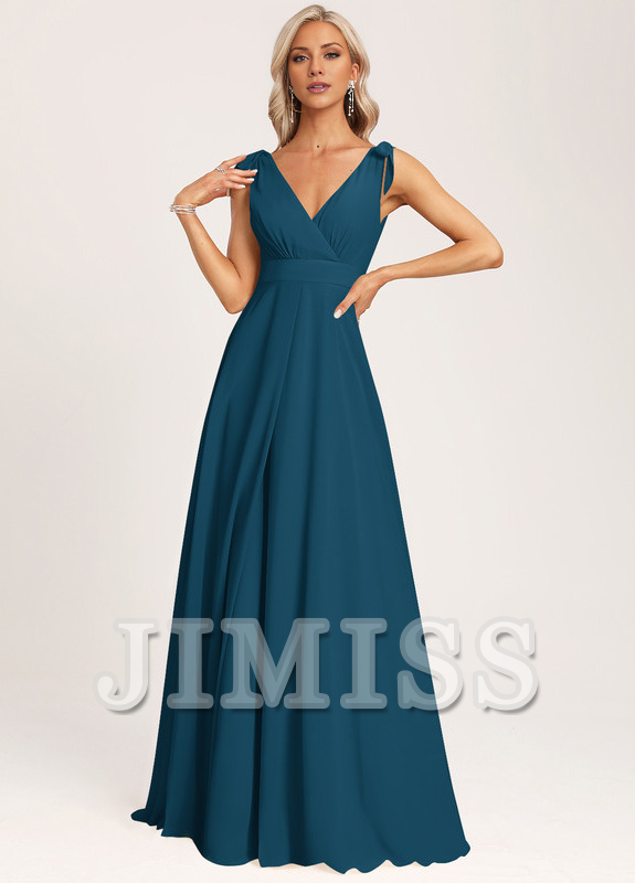 Vestido de dama de honor con escote en V y lazo de gasa en el fondo