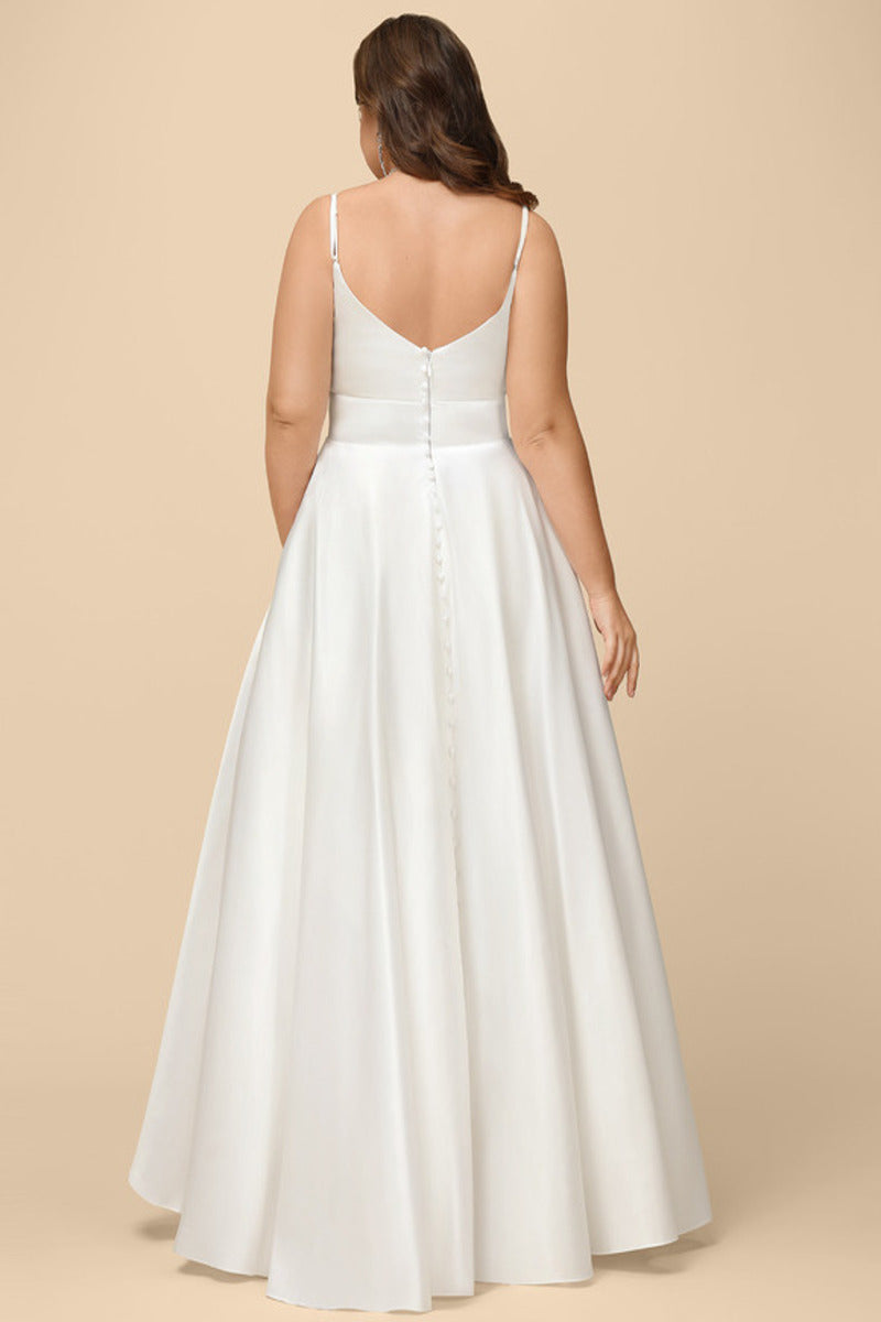Vestido de novia de satén con escote en V, sin mangas, tirantes finos y corte princesa