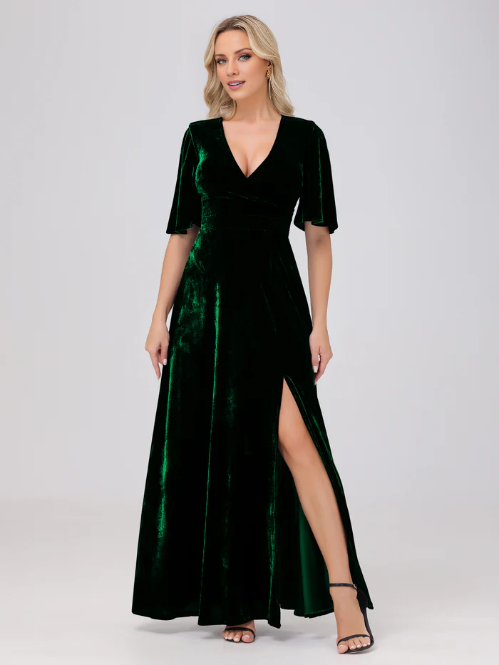 Abito da damigella d'onore in velluto con scollo a V, maniche corte e spacco, lunghezza al pavimento