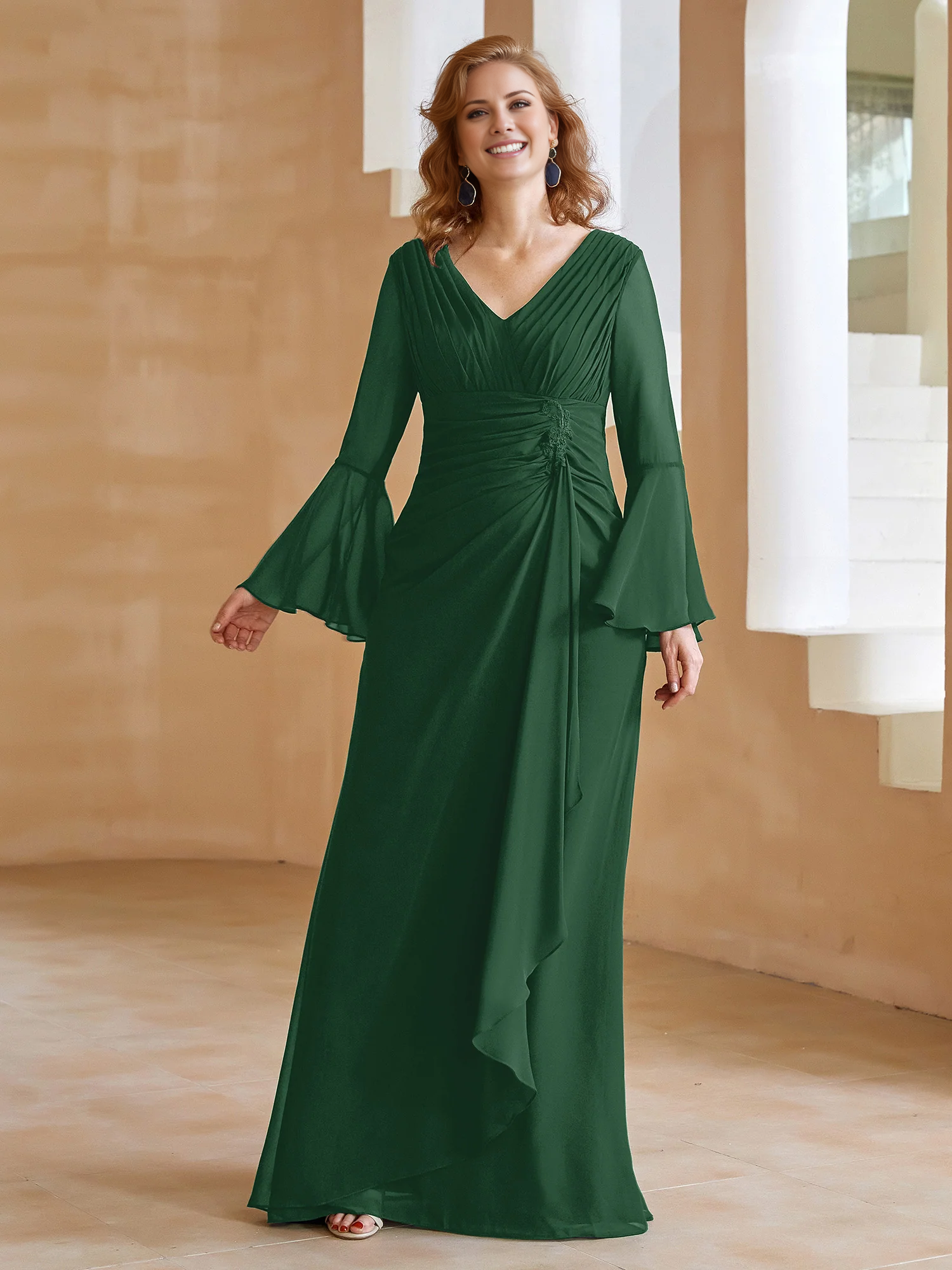 Olive Green Chiffon A-Line V-Neck Bridesmaid Dress with Ruched Bodice & Bell Sleeves